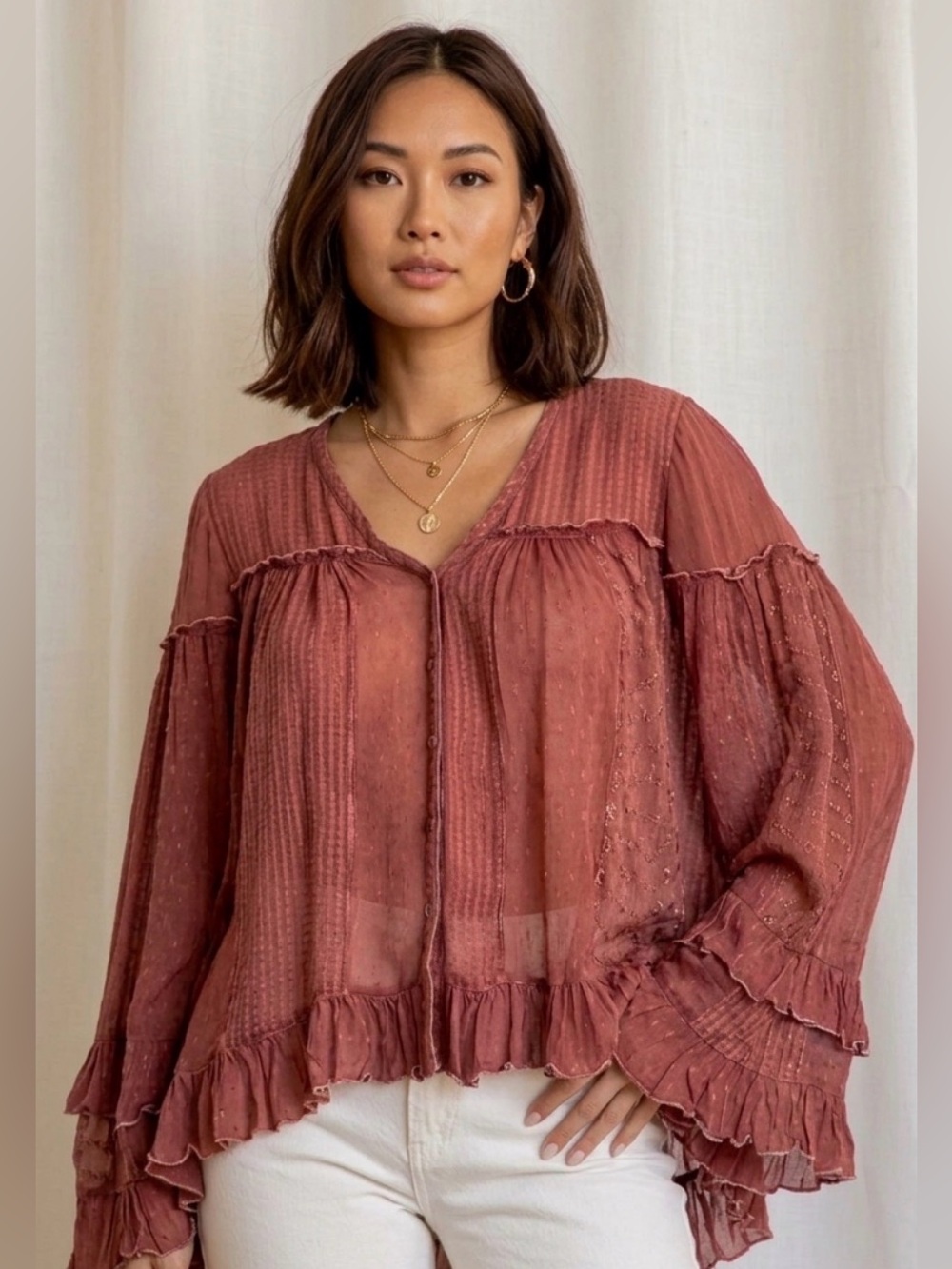 253 NWT Young Threads Dreamy Sheer V-neck Ruffled Button-front Top - Garnet